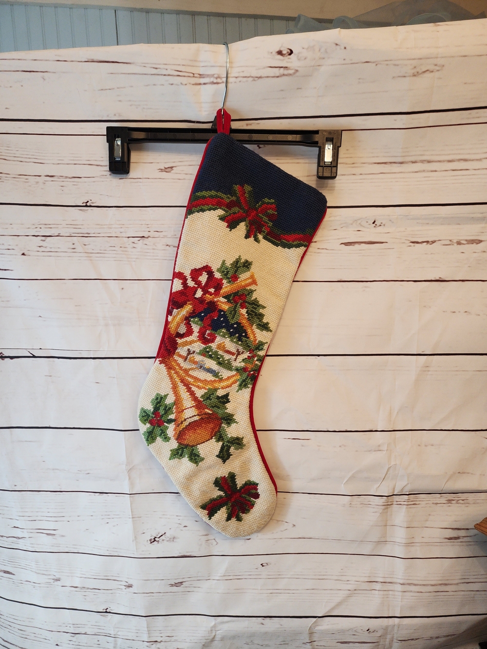 Festive Bell Needlepoint Holiday Stocking in Cream and Navy